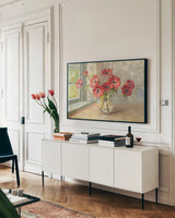 Poppies in the Sunlight by Danhui Nai. shown as a framed stretched canvas in a living room above a console. Available as a archival giclee rolled canvas, fine art paper, or poster print. SKU 93163i.