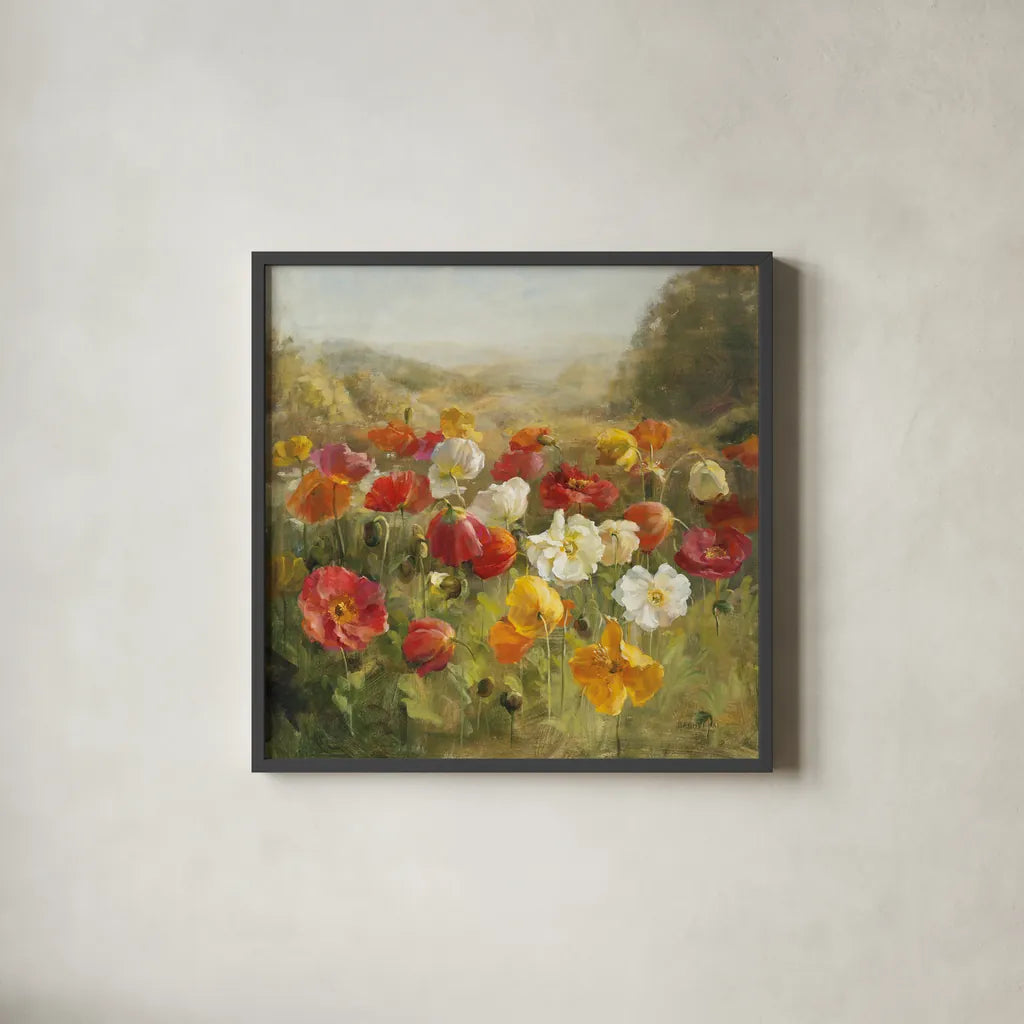 Poppy Field by Danhui Nai. Shown in a sleek black glass frame for a contemporary gallery look. Available as an archival giclee rolled canvas, fine art paper, or poster print. SKU 6765a.