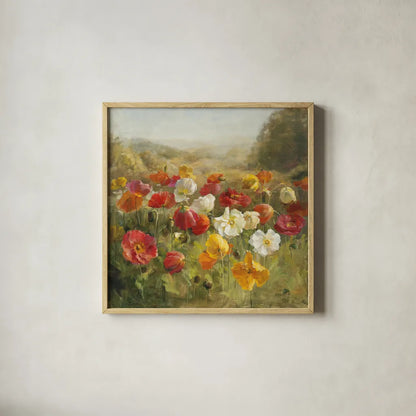 Poppy Field by Danhui Nai. Shown in a natural wood glass frame for a timeless modern aesthetic. Available as an archival giclee rolled canvas, fine art paper, or poster print. SKU 6765a.