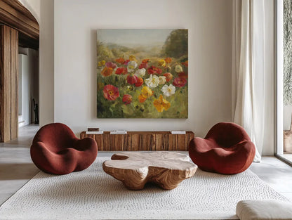 Poppy Field by Danhui Nai. Shown as extra-large giant wall art in a modern living room. Available as an archival giclee rolled canvas, fine art paper, or poster print. SKU 6765a.