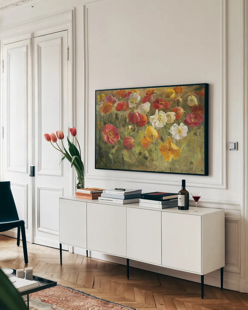 Poppy Field Crop by Danhui Nai. shown as a framed stretched canvas in a living room above a console. Available as a archival giclee rolled canvas, fine art paper, or poster print. SKU 6765i.