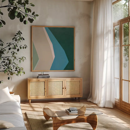 Prismatic by Danhui Nai. Shown in a natural wood frame in a cozy modern living room. Available as an archival giclee rolled canvas, fine art paper, or poster print. SKU 85833a.