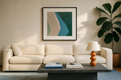 Prismatic by Danhui Nai. Displayed in a glass frame with matte in a clean modern living room. Available as an archival giclee rolled canvas, fine art paper, or poster print. SKU 85833a.