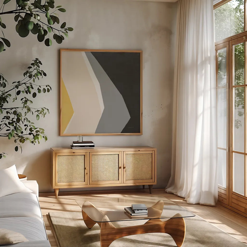 Prismatic Yellow by Danhui Nai. Shown in a natural wood frame in a cozy modern living room. Available as an archival giclee rolled canvas, fine art paper, or poster print. SKU 88105a.