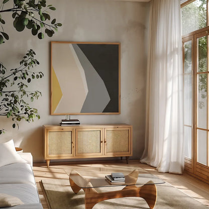 Prismatic Yellow by Danhui Nai. Shown in a natural wood frame in a cozy modern living room. Available as an archival giclee rolled canvas, fine art paper, or poster print. SKU 88105a.