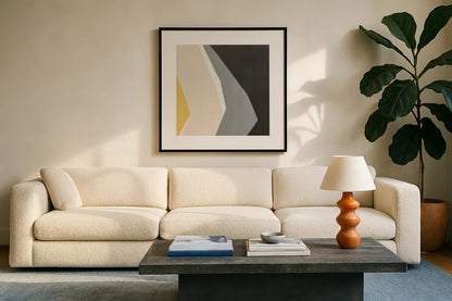Prismatic Yellow by Danhui Nai. Displayed in a glass frame with matte in a clean modern living room. Available as an archival giclee rolled canvas, fine art paper, or poster print. SKU 88105a.