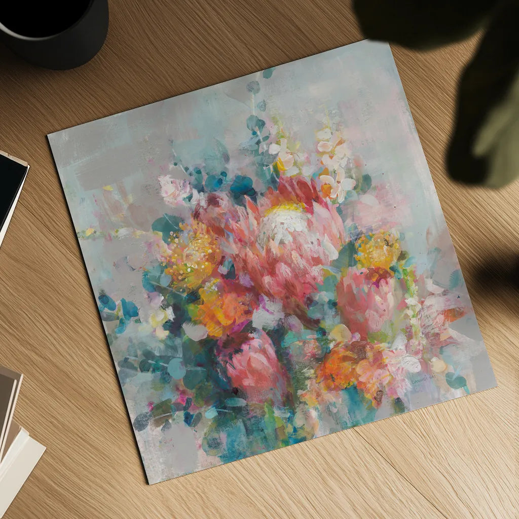 Protea Bouquet by Danhui Nai. Shown as a detailed flat fine art print, highlighting archival giclee quality. Available as an archival giclee rolled canvas, fine art paper, or poster print. SKU 80476a.