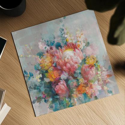 Protea Bouquet by Danhui Nai. Shown as a detailed flat fine art print, highlighting archival giclee quality. Available as an archival giclee rolled canvas, fine art paper, or poster print. SKU 80476a.