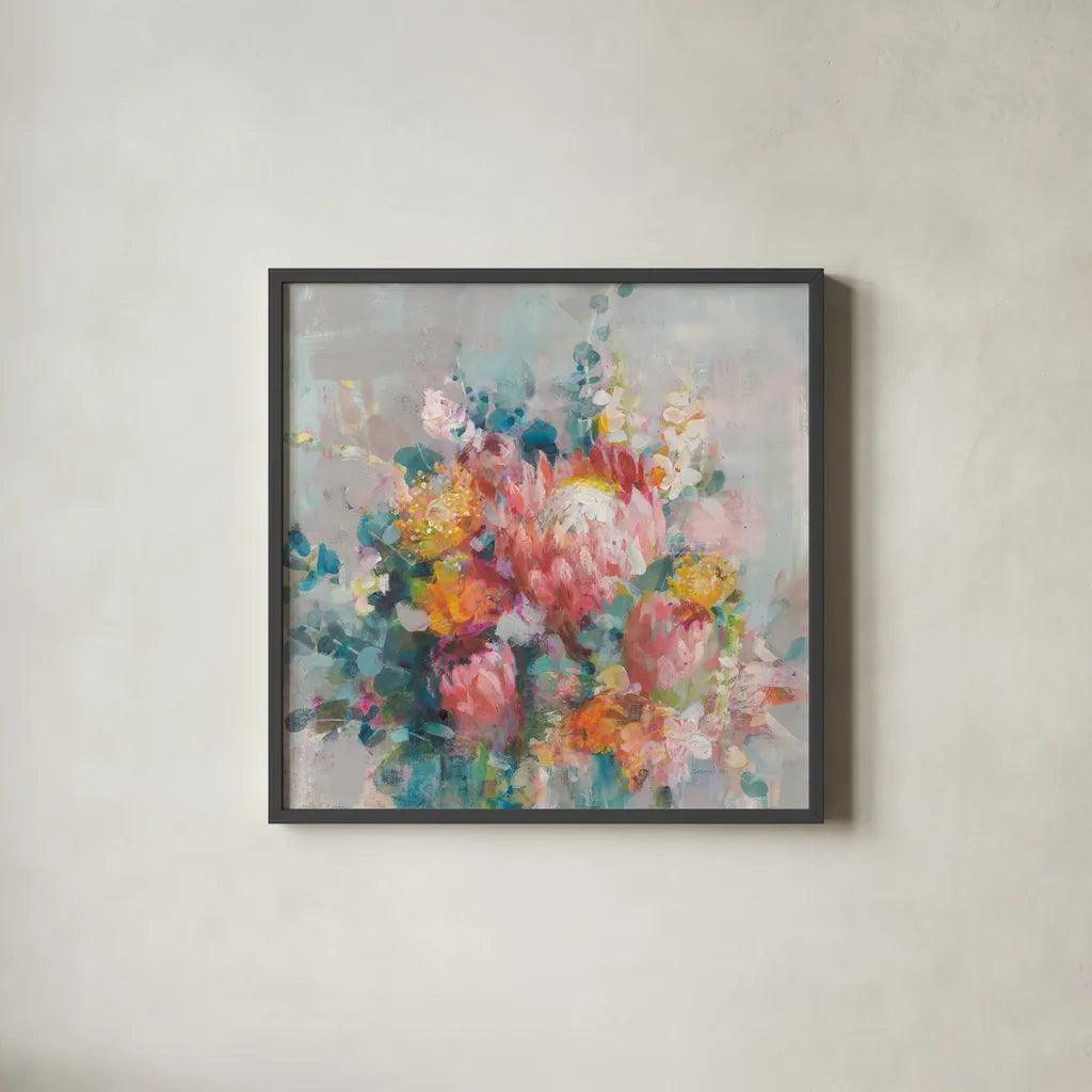 Protea Bouquet by Danhui Nai. Shown in a sleek black glass frame for a contemporary gallery look. Available as an archival giclee rolled canvas, fine art paper, or poster print. SKU 80476a.