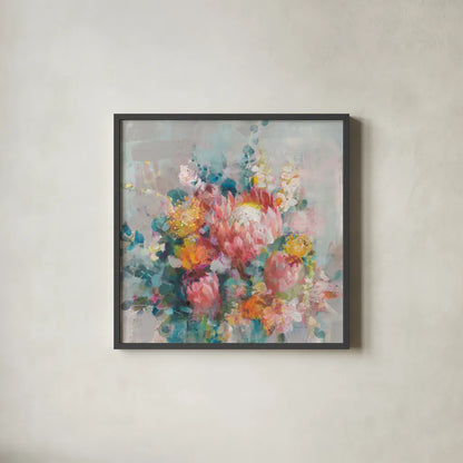 Protea Bouquet by Danhui Nai. Shown in a sleek black glass frame for a contemporary gallery look. Available as an archival giclee rolled canvas, fine art paper, or poster print. SKU 80476a.