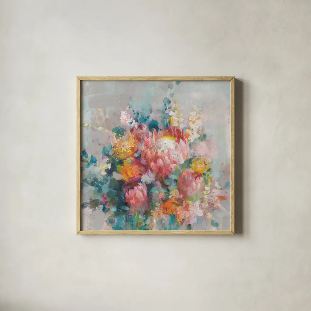 Protea Bouquet by Danhui Nai. Shown in a natural wood glass frame for a timeless modern aesthetic. Available as an archival giclee rolled canvas, fine art paper, or poster print. SKU 80476a.