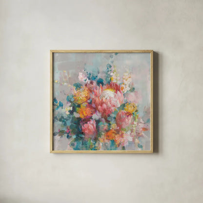 Protea Bouquet by Danhui Nai. Shown in a natural wood glass frame for a timeless modern aesthetic. Available as an archival giclee rolled canvas, fine art paper, or poster print. SKU 80476a.