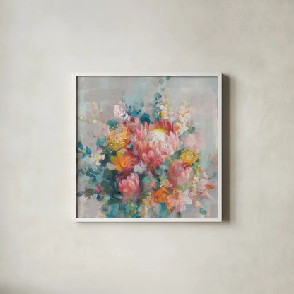 Protea Bouquet by Danhui Nai. Shown in a crisp white glass frame for a clean and minimalist style. Available as an archival giclee rolled canvas, fine art paper, or poster print. SKU 80476a.