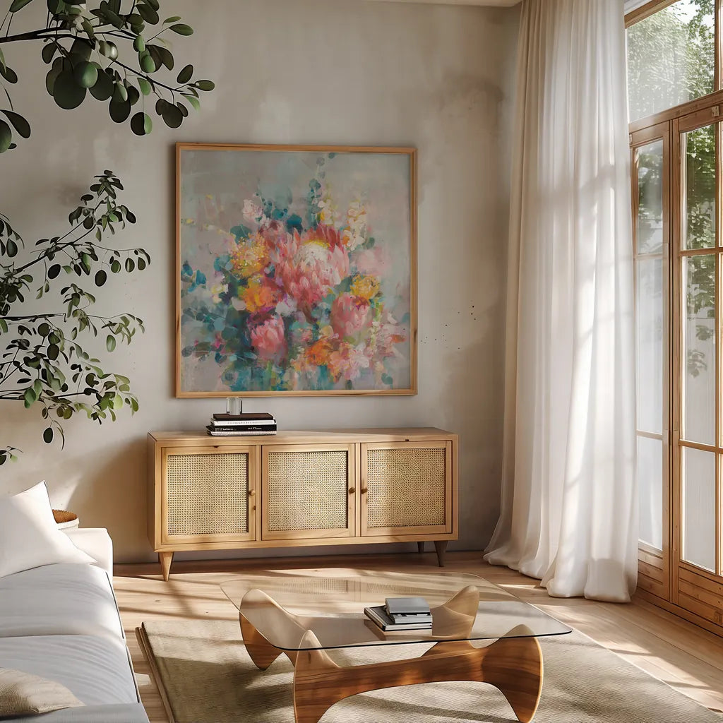 Protea Bouquet by Danhui Nai. Shown in a natural wood frame in a cozy modern living room. Available as an archival giclee rolled canvas, fine art paper, or poster print. SKU 80476a.