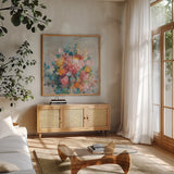 Protea Bouquet by Danhui Nai. Shown in a natural wood frame in a cozy modern living room. Available as an archival giclee rolled canvas, fine art paper, or poster print. SKU 80476a.