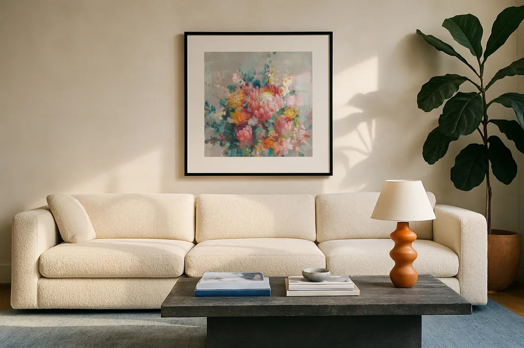 Protea Bouquet by Danhui Nai. Displayed in a glass frame with matte in a clean modern living room. Available as an archival giclee rolled canvas, fine art paper, or poster print. SKU 80476a.