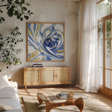 Psychedelic Blue I by Danhui Nai. Shown in a natural wood frame in a cozy modern living room. Available as an archival giclee rolled canvas, fine art paper, or poster print. SKU 84423a.
