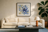 Psychedelic Blue I by Danhui Nai. Displayed in a glass frame with matte in a clean modern living room. Available as an archival giclee rolled canvas, fine art paper, or poster print. SKU 84423a.