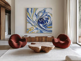 Psychedelic Blue I by Danhui Nai. Shown as extra-large giant wall art in a modern living room. Available as an archival giclee rolled canvas, fine art paper, or poster print. SKU 84423a.