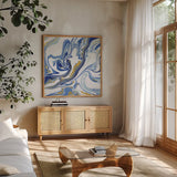 Psychedelic Blue II by Danhui Nai. Shown in a natural wood frame in a cozy modern living room. Available as an archival giclee rolled canvas, fine art paper, or poster print. SKU 84424a.