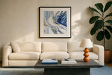 Psychedelic Blue III by Danhui Nai. Displayed in a glass frame with matte in a clean modern living room. Available as an archival giclee rolled canvas, fine art paper, or poster print. SKU 84425a.