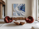 Psychedelic Blue III by Danhui Nai. Shown as extra-large giant wall art in a modern living room. Available as an archival giclee rolled canvas, fine art paper, or poster print. SKU 84425a.