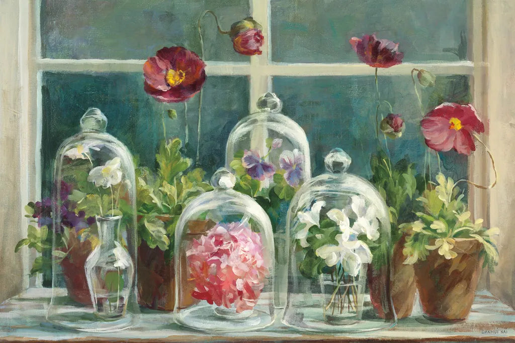 Purple Poppies Windowsill Crop by Danhui Nai. SKU 15805i. Archival Giclee Fine art print for wall decor.