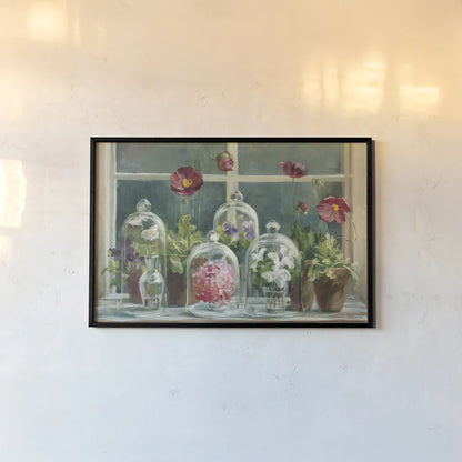 Purple Poppies Windowsill Crop by Danhui Nai. shown as a paper print in a black flame. Available as a archival giclee rolled canvas, fine art paper, or poster print. SKU 15805i.