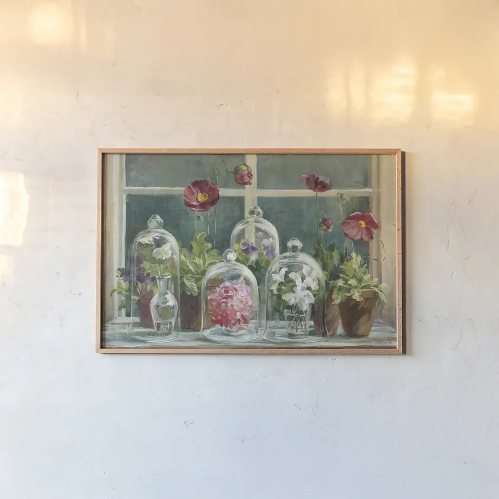 Purple Poppies Windowsill Crop by Danhui Nai. shown as a paper print in a natural frame. Available as a archival giclee rolled canvas, fine art paper, or poster print. SKU 15805i.