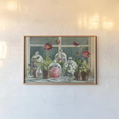 Purple Poppies Windowsill Crop by Danhui Nai. shown as a paper print in a natural frame. Available as a archival giclee rolled canvas, fine art paper, or poster print. SKU 15805i.