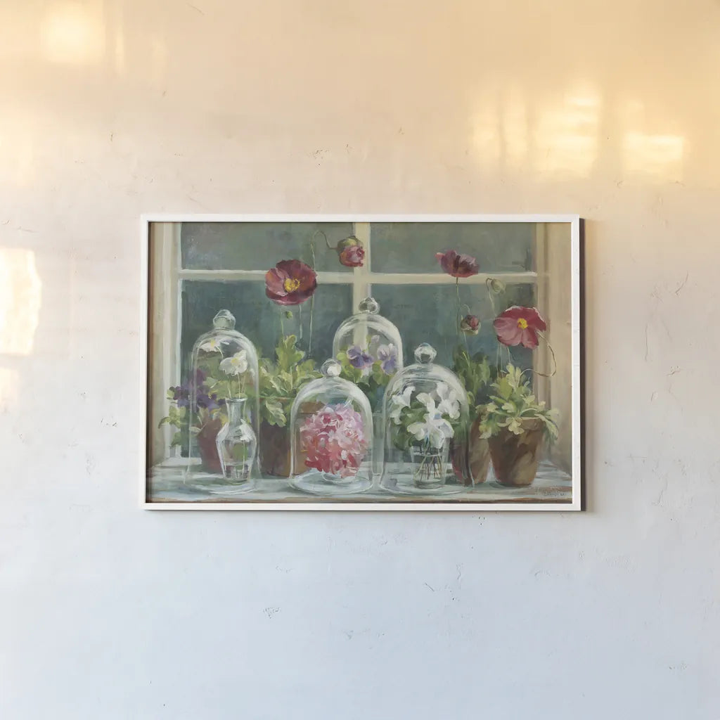 Purple Poppies Windowsill Crop by Danhui Nai. shown as a paper print in a white frame. Available as a archival giclee rolled canvas, fine art paper, or poster print. SKU 15805i.