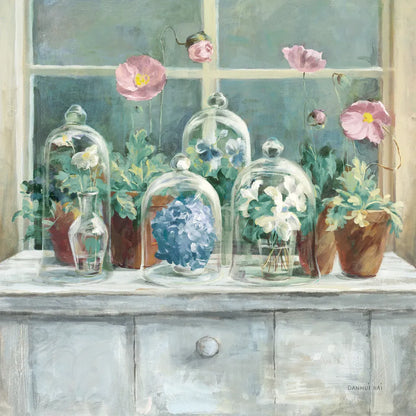 Purple Poppies Windowsill Sage by Danhui Nai. SKU 48710a. Archival Giclee Fine art print for wall decor.