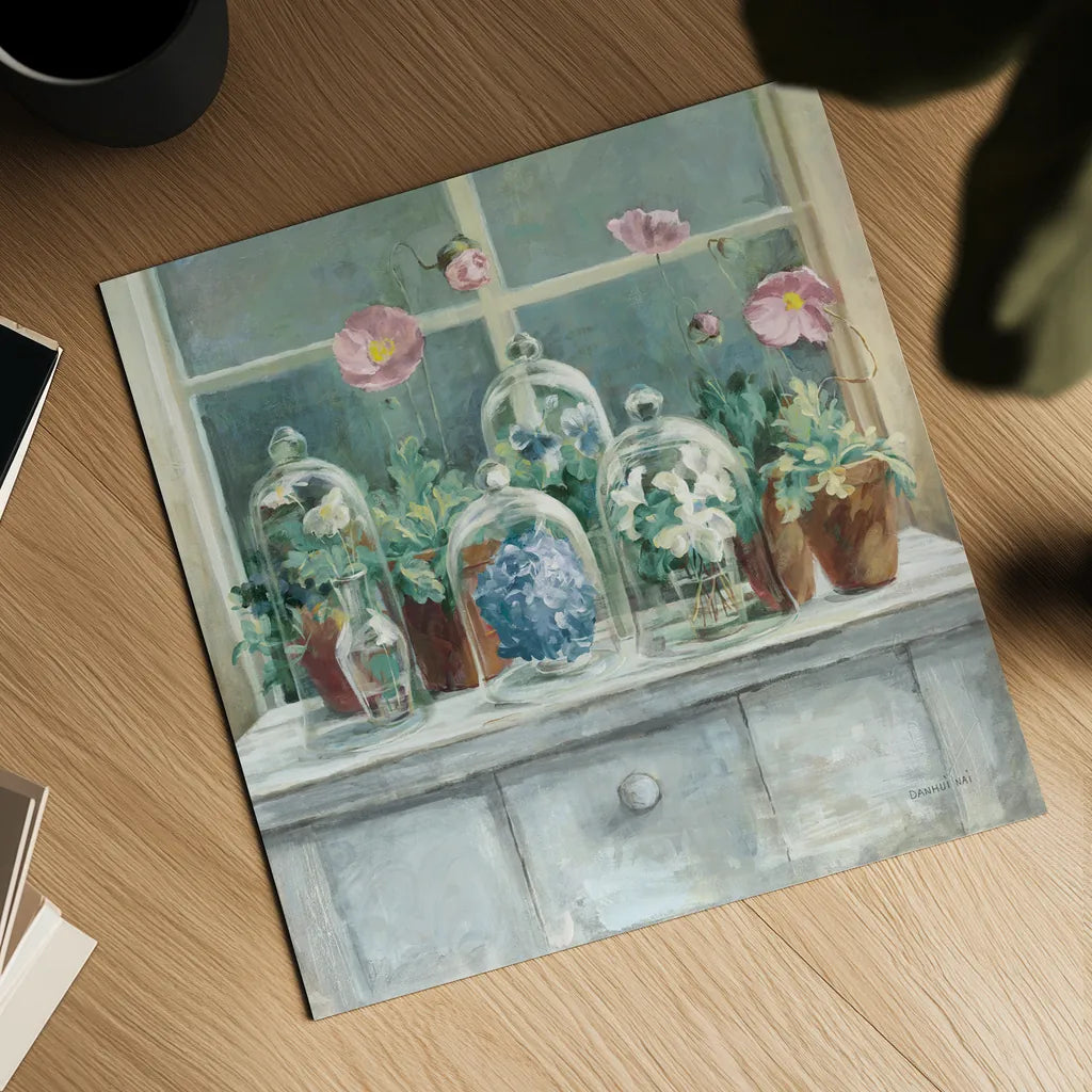 Purple Poppies Windowsill Sage by Danhui Nai. Shown as a detailed flat fine art print, highlighting archival giclee quality. Available as an archival giclee rolled canvas, fine art paper, or poster print. SKU 48710a.