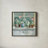 Purple Poppies Windowsill Sage by Danhui Nai. Shown in a sleek black glass frame for a contemporary gallery look. Available as an archival giclee rolled canvas, fine art paper, or poster print. SKU 48710a.