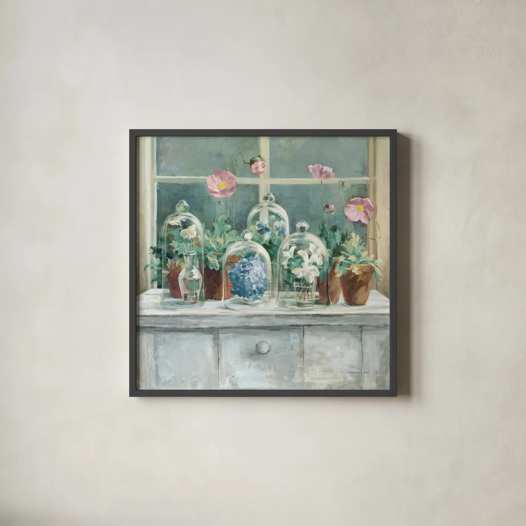 Purple Poppies Windowsill Sage by Danhui Nai. Shown in a sleek black glass frame for a contemporary gallery look. Available as an archival giclee rolled canvas, fine art paper, or poster print. SKU 48710a.