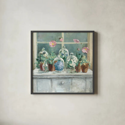 Purple Poppies Windowsill Sage by Danhui Nai. Shown in a sleek black glass frame for a contemporary gallery look. Available as an archival giclee rolled canvas, fine art paper, or poster print. SKU 48710a.