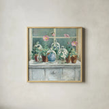 Purple Poppies Windowsill Sage by Danhui Nai. Shown in a natural wood glass frame for a timeless modern aesthetic. Available as an archival giclee rolled canvas, fine art paper, or poster print. SKU 48710a.