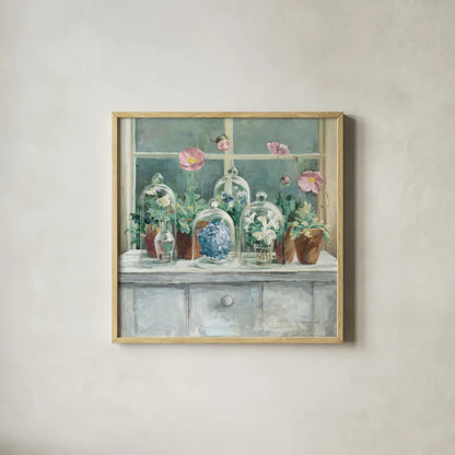 Purple Poppies Windowsill Sage by Danhui Nai. Shown in a natural wood glass frame for a timeless modern aesthetic. Available as an archival giclee rolled canvas, fine art paper, or poster print. SKU 48710a.