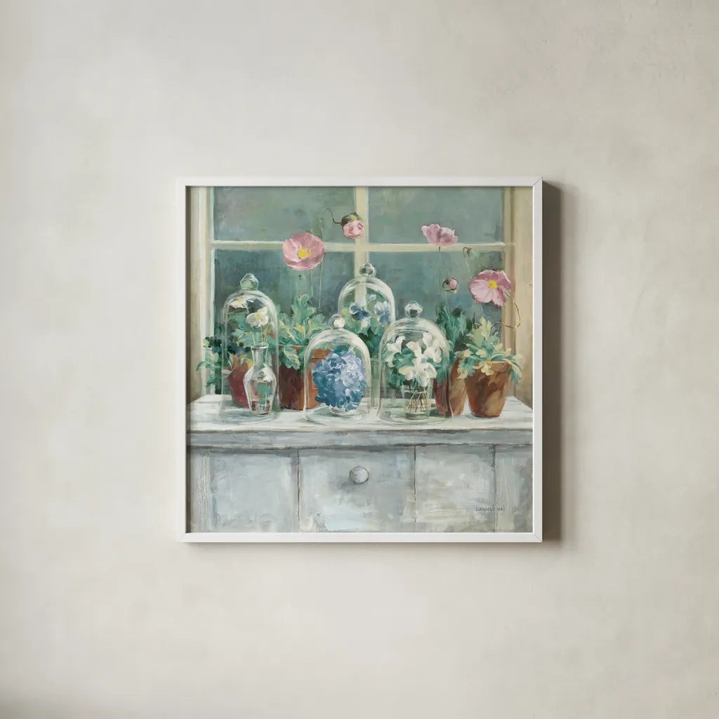 Purple Poppies Windowsill Sage by Danhui Nai. Shown in a crisp white glass frame for a clean and minimalist style. Available as an archival giclee rolled canvas, fine art paper, or poster print. SKU 48710a.