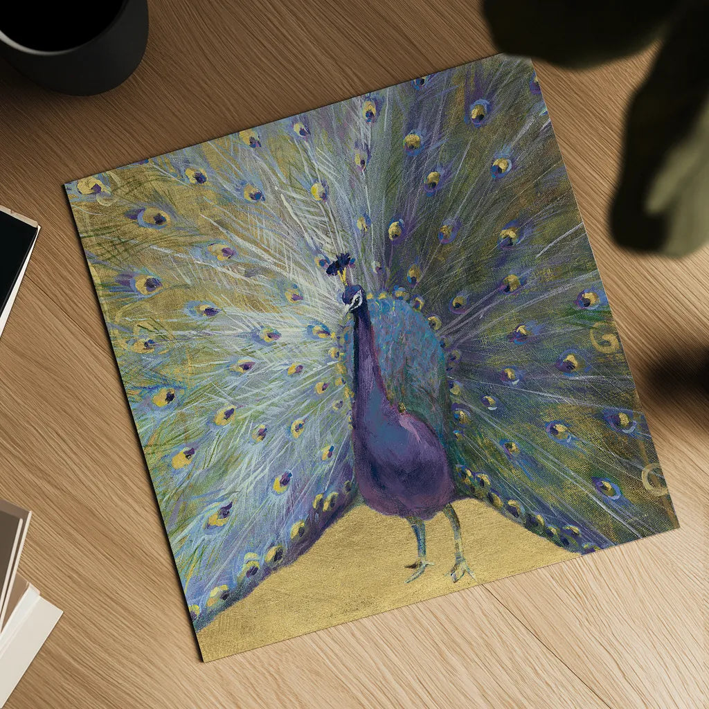 Purple and Gold Peacock by Danhui Nai. Shown as a detailed flat fine art print, highlighting archival giclee quality. Available as an archival giclee rolled canvas, fine art paper, or poster print. SKU 29252a.