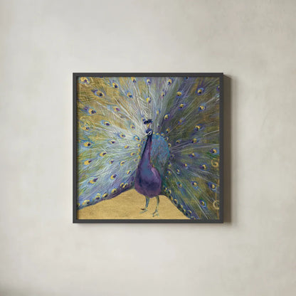 Purple and Gold Peacock by Danhui Nai. Shown in a sleek black glass frame for a contemporary gallery look. Available as an archival giclee rolled canvas, fine art paper, or poster print. SKU 29252a.