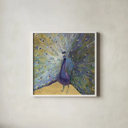Purple and Gold Peacock by Danhui Nai. Shown in a crisp white glass frame for a clean and minimalist style. Available as an archival giclee rolled canvas, fine art paper, or poster print. SKU 29252a.