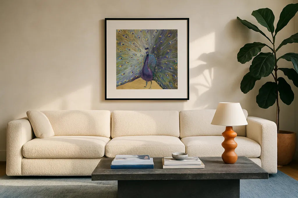 Purple and Gold Peacock by Danhui Nai. Displayed in a glass frame with matte in a clean modern living room. Available as an archival giclee rolled canvas, fine art paper, or poster print. SKU 29252a.
