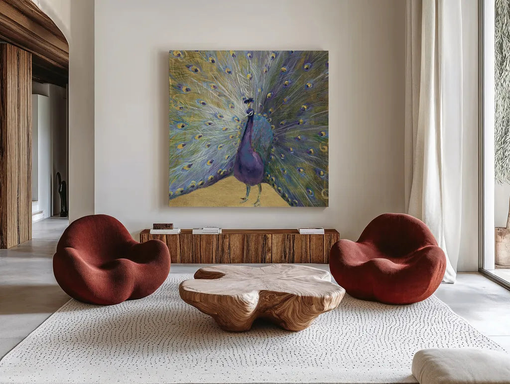 Purple and Gold Peacock by Danhui Nai. Shown as extra-large giant wall art in a modern living room. Available as an archival giclee rolled canvas, fine art paper, or poster print. SKU 29252a.