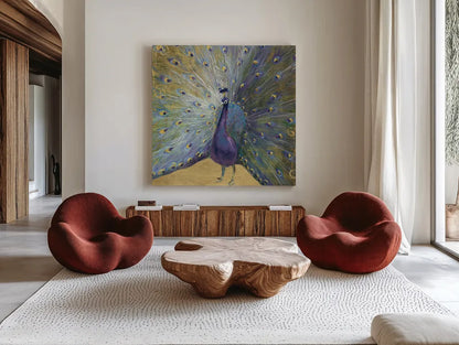 Purple and Gold Peacock by Danhui Nai. Shown as extra-large giant wall art in a modern living room. Available as an archival giclee rolled canvas, fine art paper, or poster print. SKU 29252a.