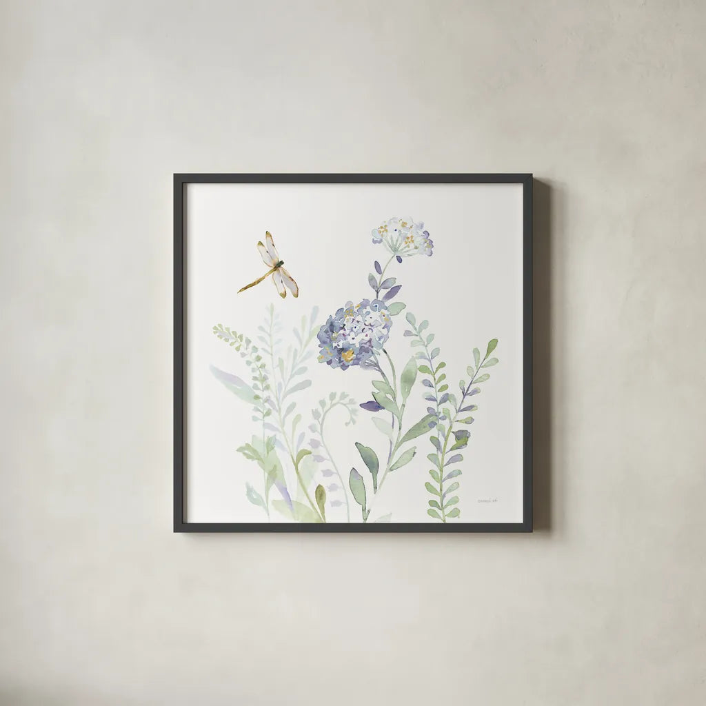 Purples of Summer VII by Danhui Nai. Shown in a sleek black glass frame for a contemporary gallery look. Available as an archival giclee rolled canvas, fine art paper, or poster print. SKU 75498a.