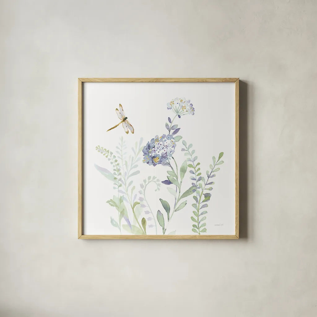 Purples of Summer VII by Danhui Nai. Shown in a natural wood glass frame for a timeless modern aesthetic. Available as an archival giclee rolled canvas, fine art paper, or poster print. SKU 75498a.