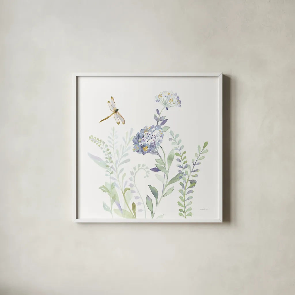 Purples of Summer VII by Danhui Nai. Shown in a crisp white glass frame for a clean and minimalist style. Available as an archival giclee rolled canvas, fine art paper, or poster print. SKU 75498a.