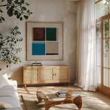 Quadrants by Danhui Nai. Shown in a natural wood frame in a cozy modern living room. Available as an archival giclee rolled canvas, fine art paper, or poster print. SKU 85834a.