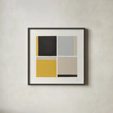 Quadrants Yellow by Danhui Nai. Shown in a sleek black glass frame for a contemporary gallery look. Available as an archival giclee rolled canvas, fine art paper, or poster print. SKU 88106a.